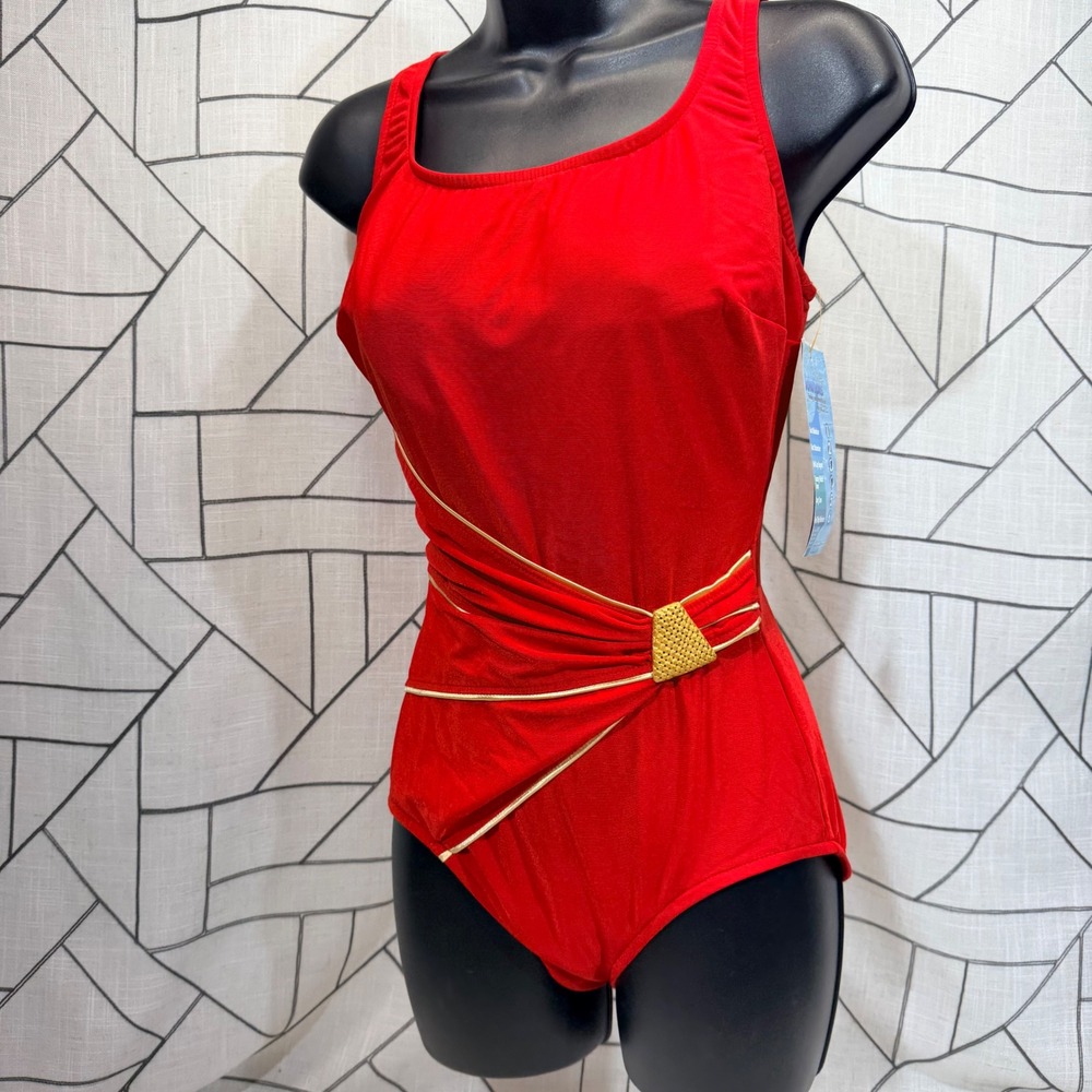 Roxanne One Piece Swimsuit 34D Red New Vintage Draped Gold Trim E6534